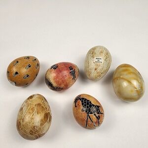 6 Carved Soapstone Eggs Etched & Painted Giraffe & Various Designs ~ Kenya
